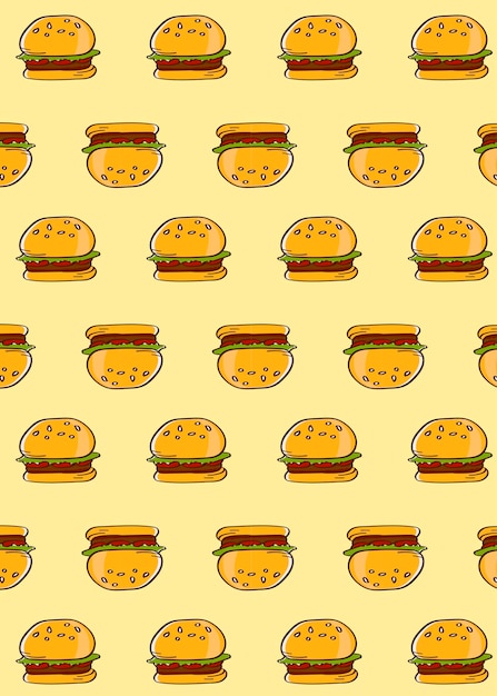 Vector de fondo amarillo estampado sin costuras de hamburguesa doodle
