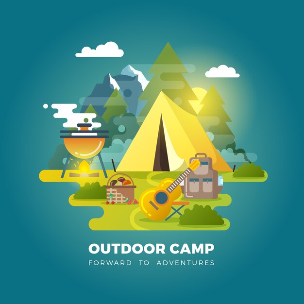 Vector fondo de camping con tienda turística. Camping al aire libre, campamento de viaje, campamento de turismo con ilustración de carpa