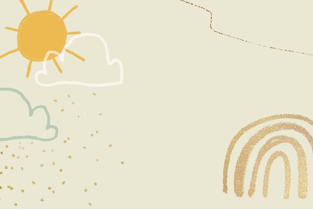 Vector de fondo de clima soleado en amarillo pastel con ilustración de doodle lindo brillante para niños