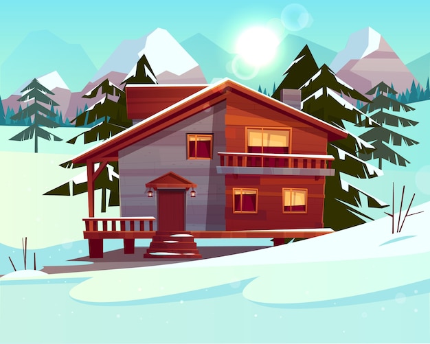 Vector de fondo de dibujos animados con un hotel de lujo en montañas nevadas