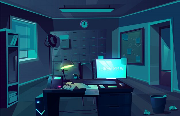 Vector el fondo de la historieta de tiempo suplementario en el departamento de policía o el detective privado. Noche, cuarto oscuro con escritorio, computadora y silla para cliente. Interior del gabinete para investigación. Luz de la luna desde la ventana