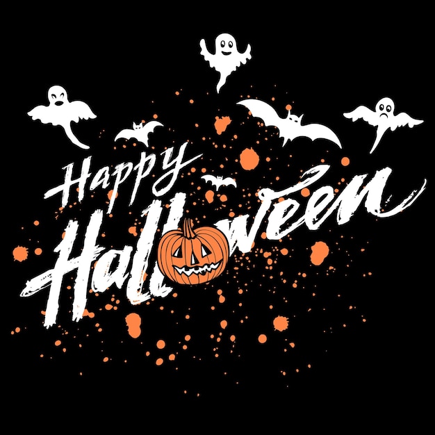 Vector fondo oscuro feliz Halloween con manchas de sangre y calabaza naranja