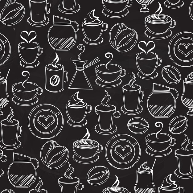 Vector de fondo de patrones sin fisuras de café con iconos blancos sobre negro de una cafetera y percolador humeantes tazas y tazas frijoles corazones filtro espresso capuchino y café helado en formato cuadrado