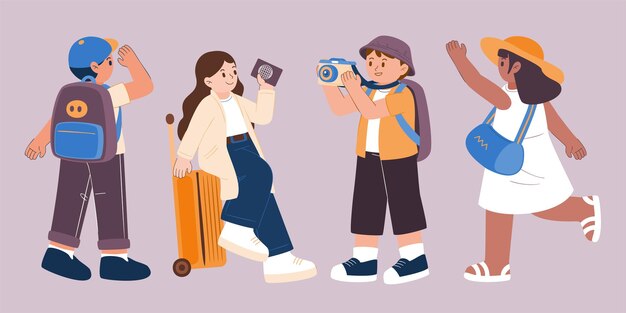 Vector de grupo de viajero hombre y mujer en personaje de dibujos animados
