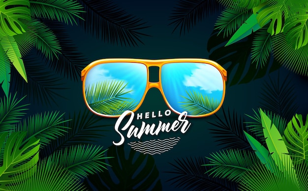 Vector hola ilustración de vacaciones de verano con gafas de sol sobre fondo verde oscuro de plantas tropicales