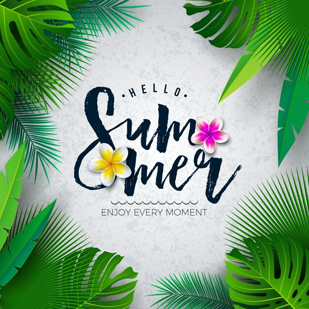 Vector Hola Ilustración de verano con tipografía Letra y hojas de palmeras tropicales