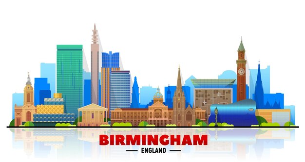 Vector de horizonte de la ciudad de Birmingham Inglaterra en fondo blanco Ilustración de vector plano Concepto de turismo y viajes de negocios con edificios modernos Imagen para banner o sitio web