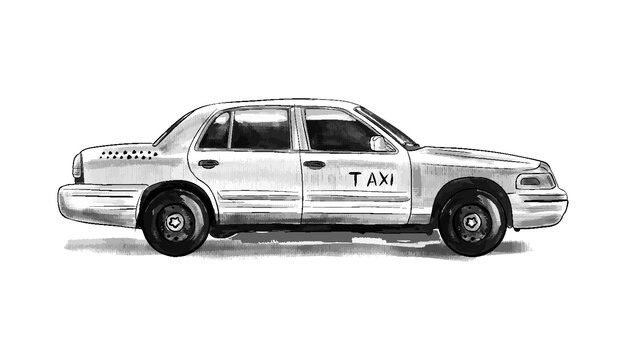 Vector icono dibujado a mano taxi amarillo aislado sobre fondo blanco.