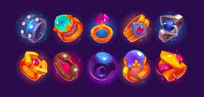 Vector gratuito vector de icono de juego de interfaz de usuario de anillo de oro medieval de fantasía elemento de activo de inventario real mágico con hermosa piedra preciosa accesorios de tesoro de amuleto de dibujos animados con brillo y niebla logros de accesorios de cuento de hadas