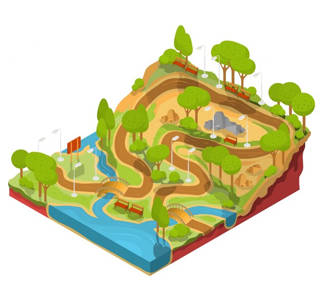 Vector Ilustración 3D isométrica de sección transversal de un parque de paisaje con un río, puentes, bancos y faroles.