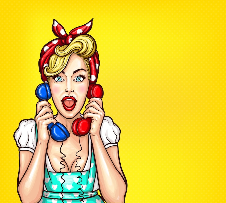 Vector gratuito vector ilustración de arte pop de una mujer rubia sorprendido emocionado con un receptor de dos teléfonos en su mano.