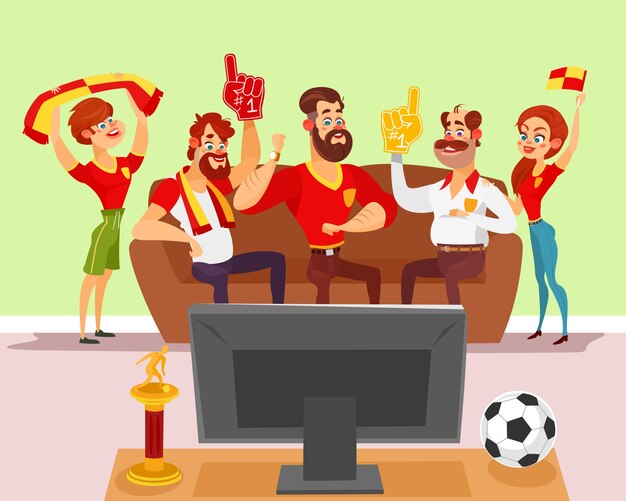 Vector ilustración de dibujos animados de un grupo de amigos viendo un partido de fútbol en la televisión