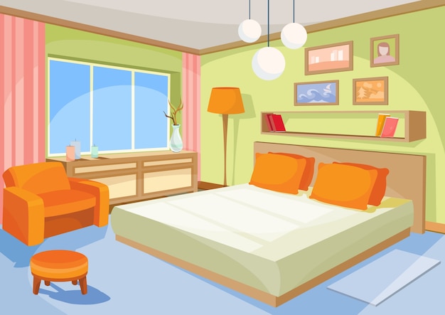 Vector gratuito vector ilustración de dibujos animados interior de color azul naranja dormitorio, una sala de estar con una cama, silla suave