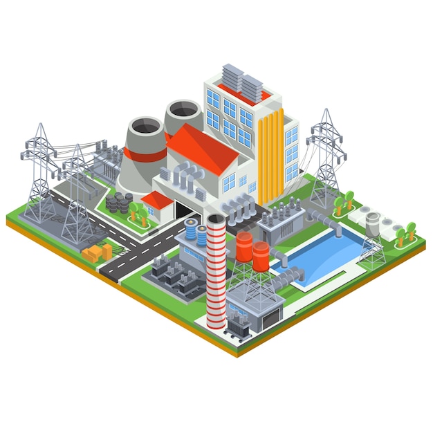 Vector ilustración isométrica de una planta de energía nuclear para la producción de energía eléctrica