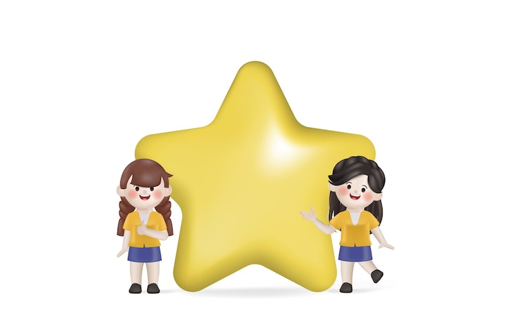 Vector gratuito vector de ilustración de mujer de negocios 3d con modelo de símbolo de icono de estrella dorada diseño de dibujos animados de vector 3d