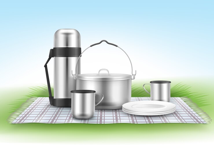 Vector gratuito vector ilustración de picnic con manta a cuadros, olla de camping, platos, termo y tazas en la hierba