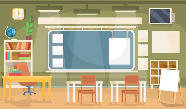 Vector ilustración plana de un aula vacía en una escuela, universidad, colegio, instituto