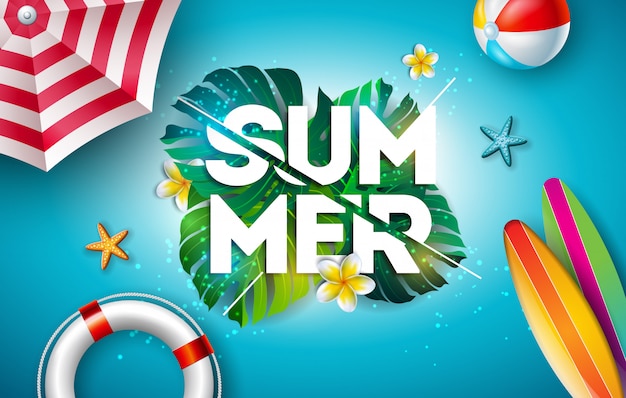 Vector ilustración de vacaciones de verano con flores y hojas de palmeras tropicales