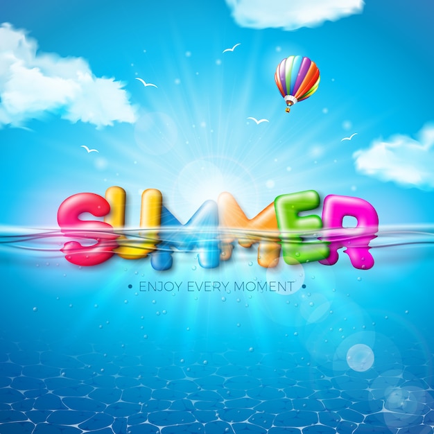 Vector la ilustración del verano con la letra colorida de la tipografía 3d en fondo subacuático del océano azul. Diseño realista de vacaciones y vacaciones