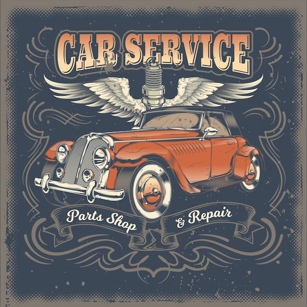 Vector ilustración vintage, cartel con de coche retro rojo