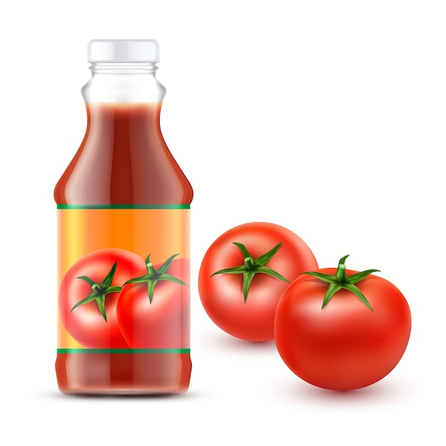 Vector ilustraciones de botella transparente con tomate ketchup y dos tomates rojos frescos