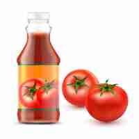 Vector gratuito vector ilustraciones de botella transparente con tomate ketchup y dos tomates rojos frescos