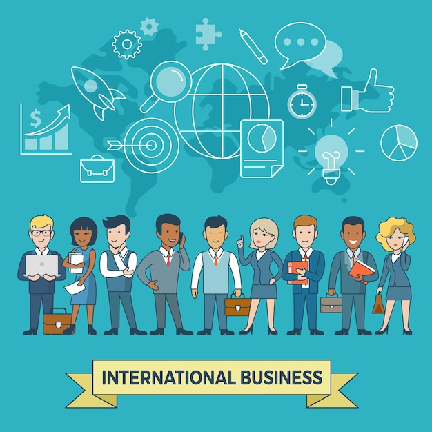 vector de imagen de héroe de sitio web de plantilla de iconos de infografías de negocios internacionales planos lineales