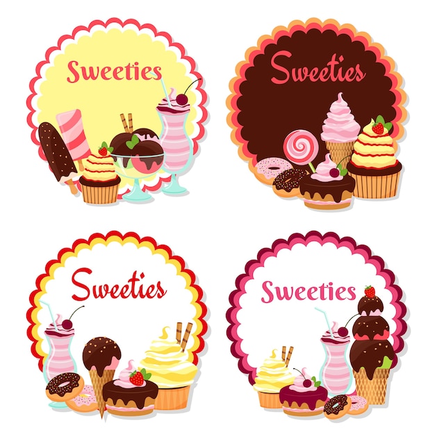 Vector de insignias dulces con helado y pasteles aislados en blanco