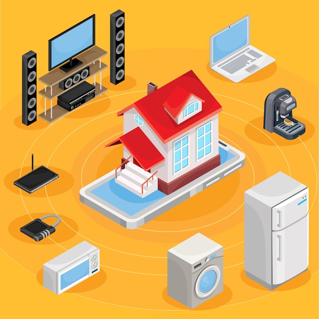 Vector isométrica ilustración abstracta casa inteligente, controlando a través de equipos de trabajo en casa de Internet.