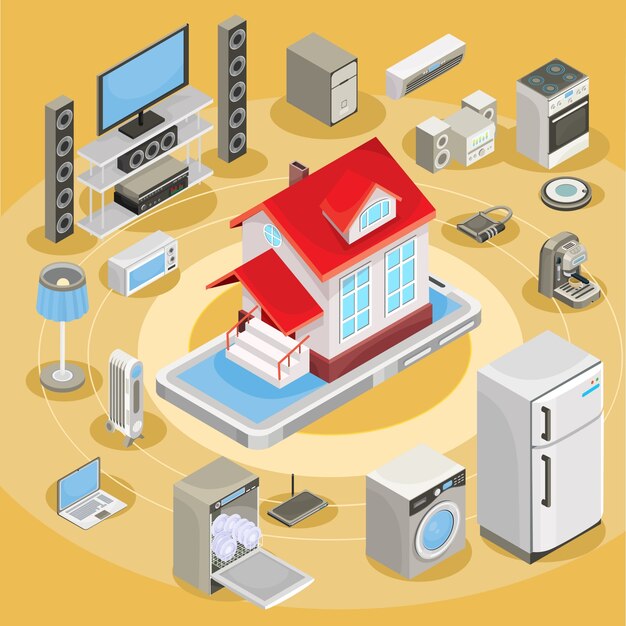 Vector isométrica ilustración abstracta casa inteligente, controlando a través de equipos de trabajo en casa de Internet.