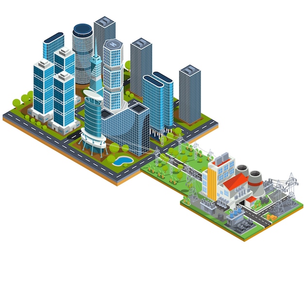 Vector isométrico 3D ilustraciones de barrio urbano moderno con rascacielos y una central eléctrica cercana