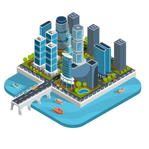Vector isométrico 3D ilustraciones del barrio urbano moderno con rascacielos, oficinas, edificios residenciales, transporte