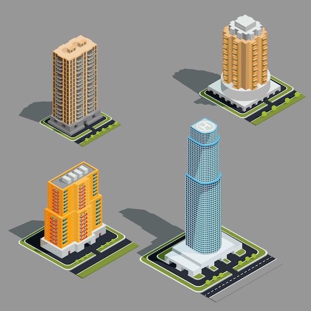 Vector gratuito vector isométrico 3d ilustraciones de los edificios urbanos modernos