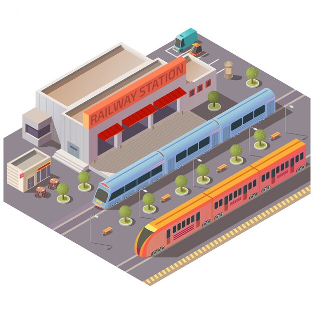 Vector isométrico aislado exterior de la estación de ferrocarril