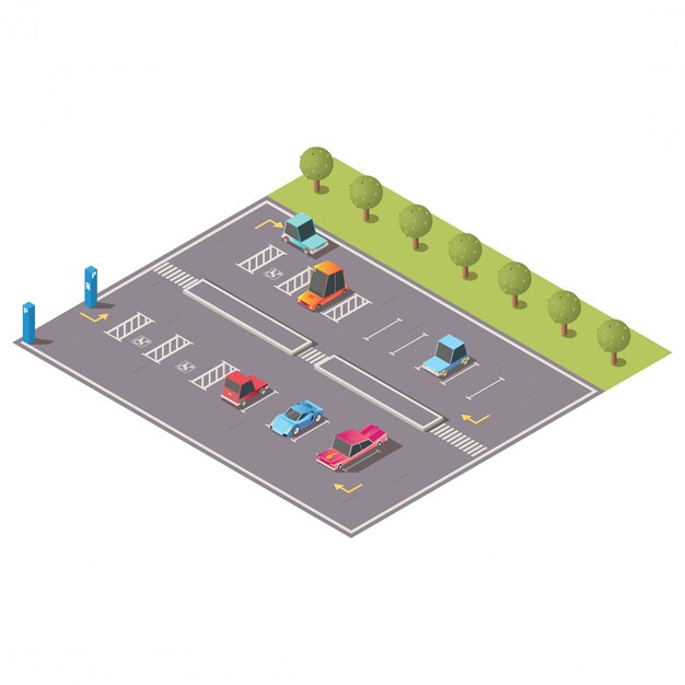 Vector isométrico de estacionamiento con espacios para discapacitados