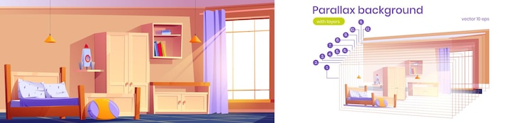 Vector gratuito vector de juego 2d de dormitorio de niños de fondo de paralaje
