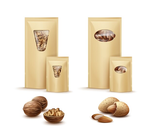 Vector de lámina sellada en blanco, bolsas de plástico llenas de nueces sin cáscara y almendras vista lateral aislado sobre fondo blanco.