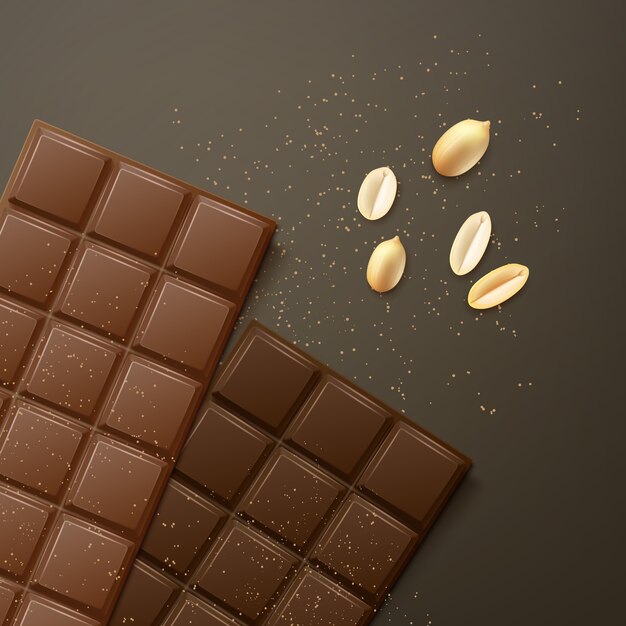 Vector de leche y barras de chocolate amargo con maní, vista superior aislada sobre fondo oscuro