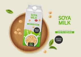 Vector gratuito vector de leche de soja realista colocación de productos simulacro diseño de etiqueta salpicaduras de leche 3d detallado