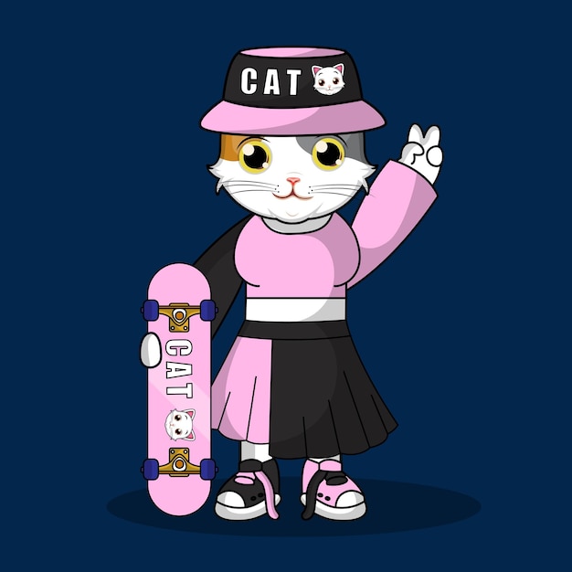 Vector libre lindo gato jugando patineta con ilustración de icono de vector de dibujos animados de mano de metal
