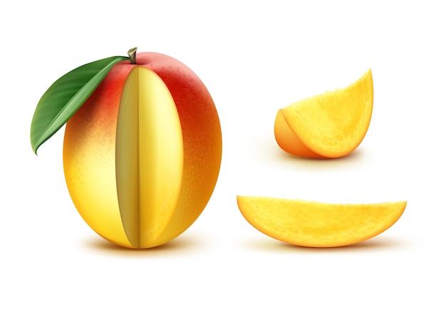 Vector maduro mango slised amarillo, naranja, rojo con hojas aisladas sobre fondo blanco