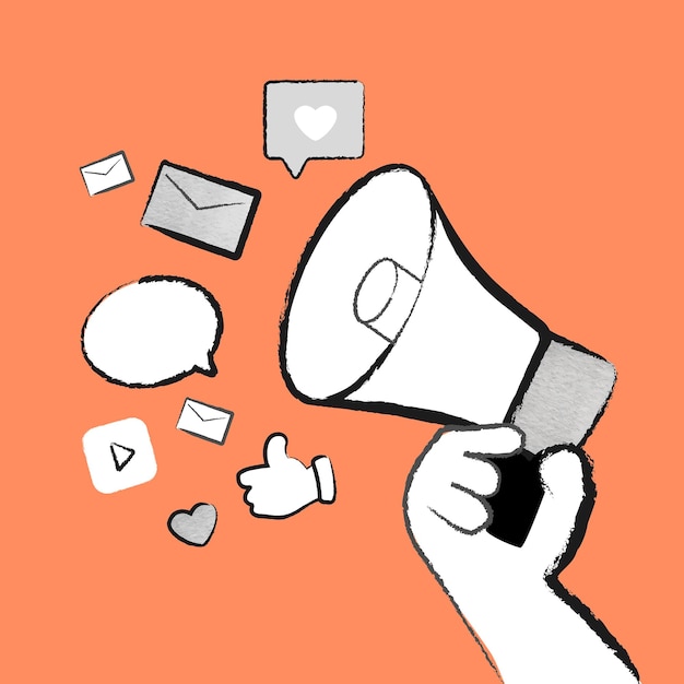 Vector gratuito vector de megáfono de publicidad en redes sociales doodle ilustración naranja