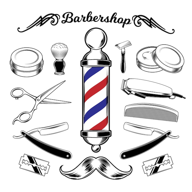 Vector monocromo colección barbería herramientas.