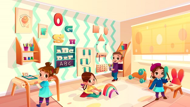 Vector montessori sala con niños, fondo de la escuela primaria