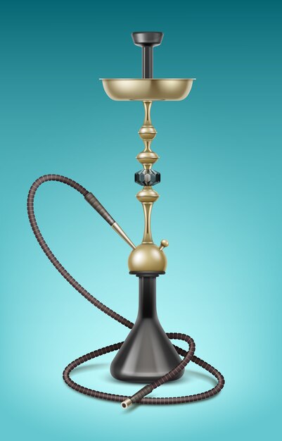 Vector nargile dorado grande para fumar tabaco hecho de metal con manguera de narguile larga aislada sobre fondo azul