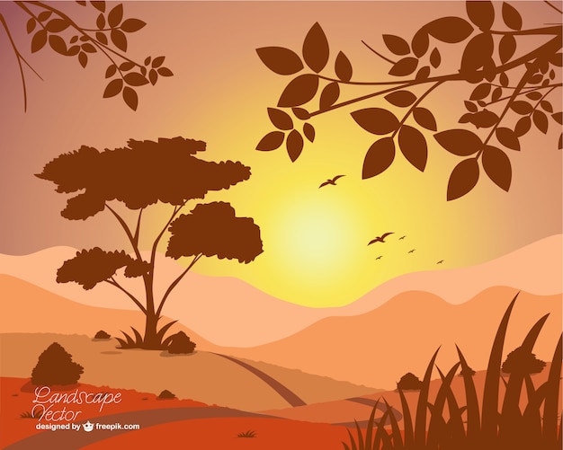 Vector gratuito vector de paisaje con puesta de sol