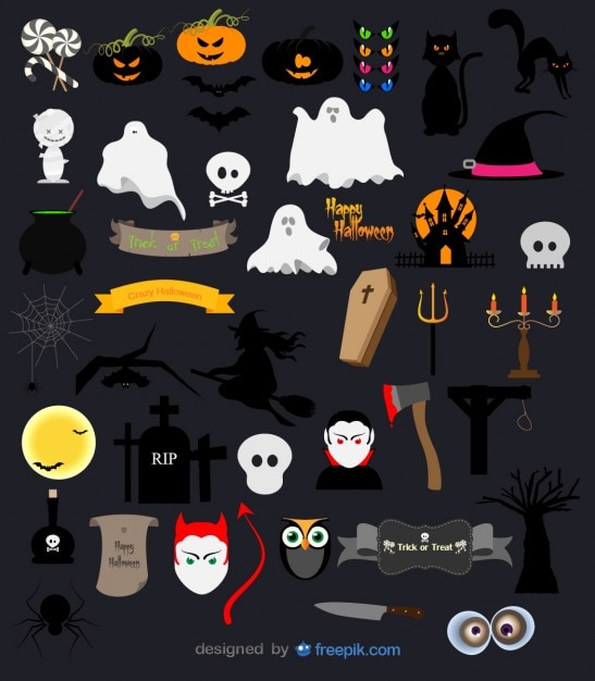 Vector de paquete de halloween de calabaza, fantasmas, calaveras y objetos terroríficos