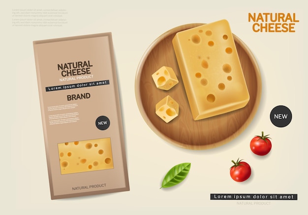 Vector gratuito vector de paquete de queso natural diseño de etiqueta de colocación de producto realista banner de productos orgánicos