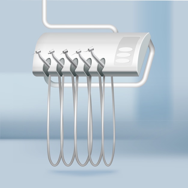 Vector de perforación dental y herramientas en clínica estomatológica con fondo borroso