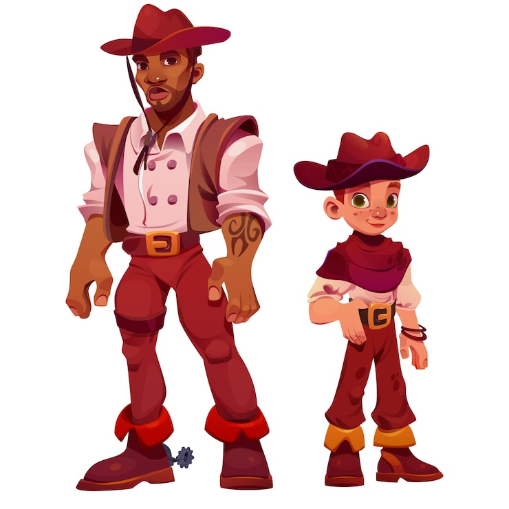Vector gratuito vector de personajes de dibujos animados con disfraces de vaquero del oeste